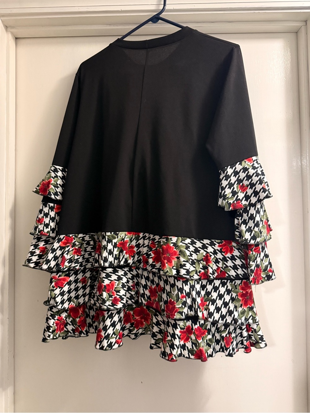 Black Two-Piece Dress Set with Floral Houndstooth Ruffle Trim - Picture 3 of 4